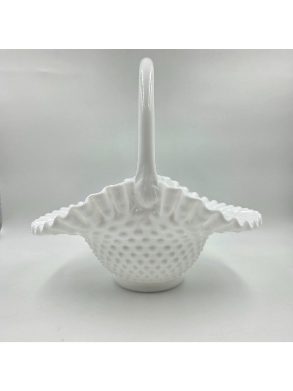 Fenton Hobnail Milk Glass Handled Basket #389/3830 White Vintage USA 9" x 10"